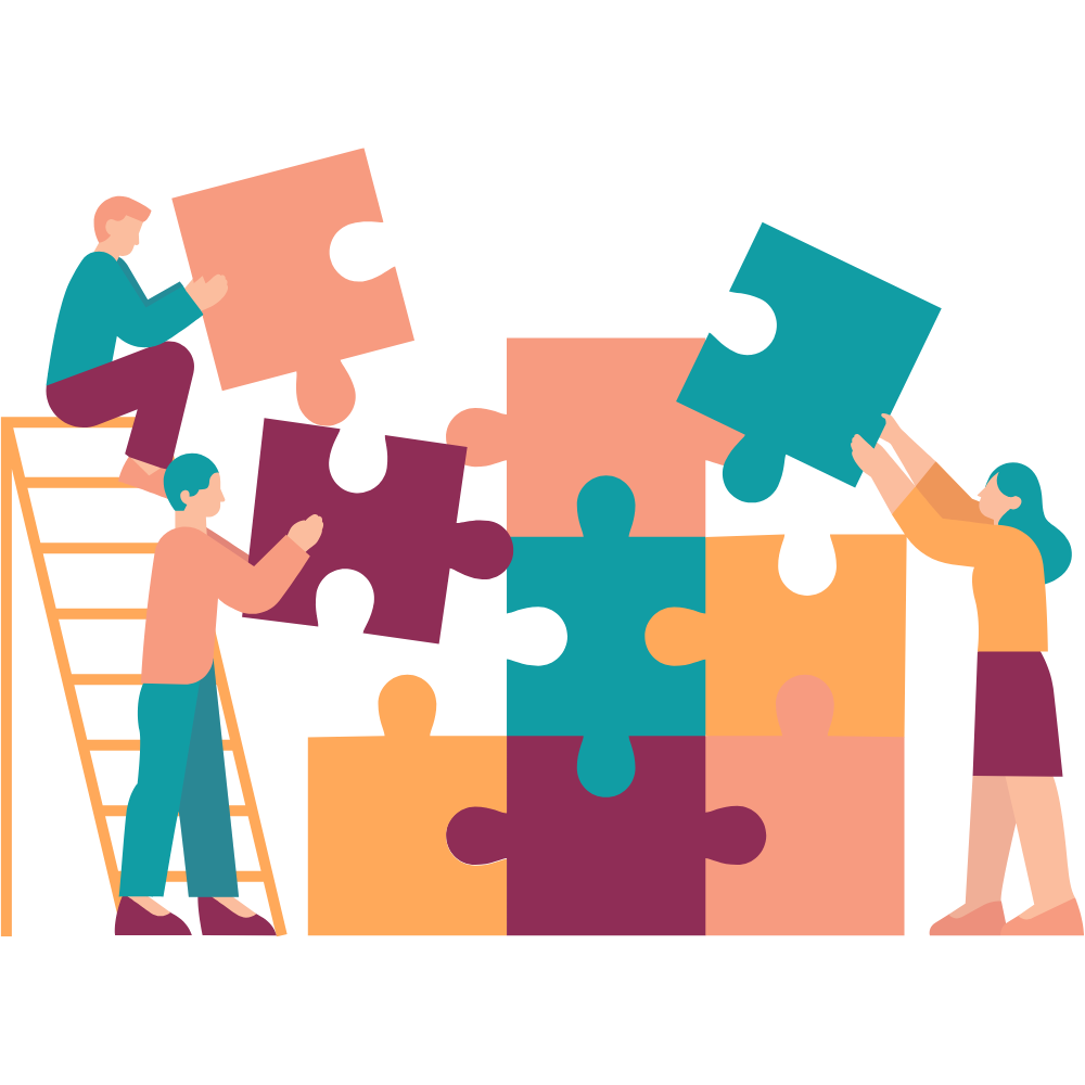illustration stylisée aux couleurs vives. Plusieurs personnes collaborent pour assembler les pièces d'un grand puzzle à taille humaine.