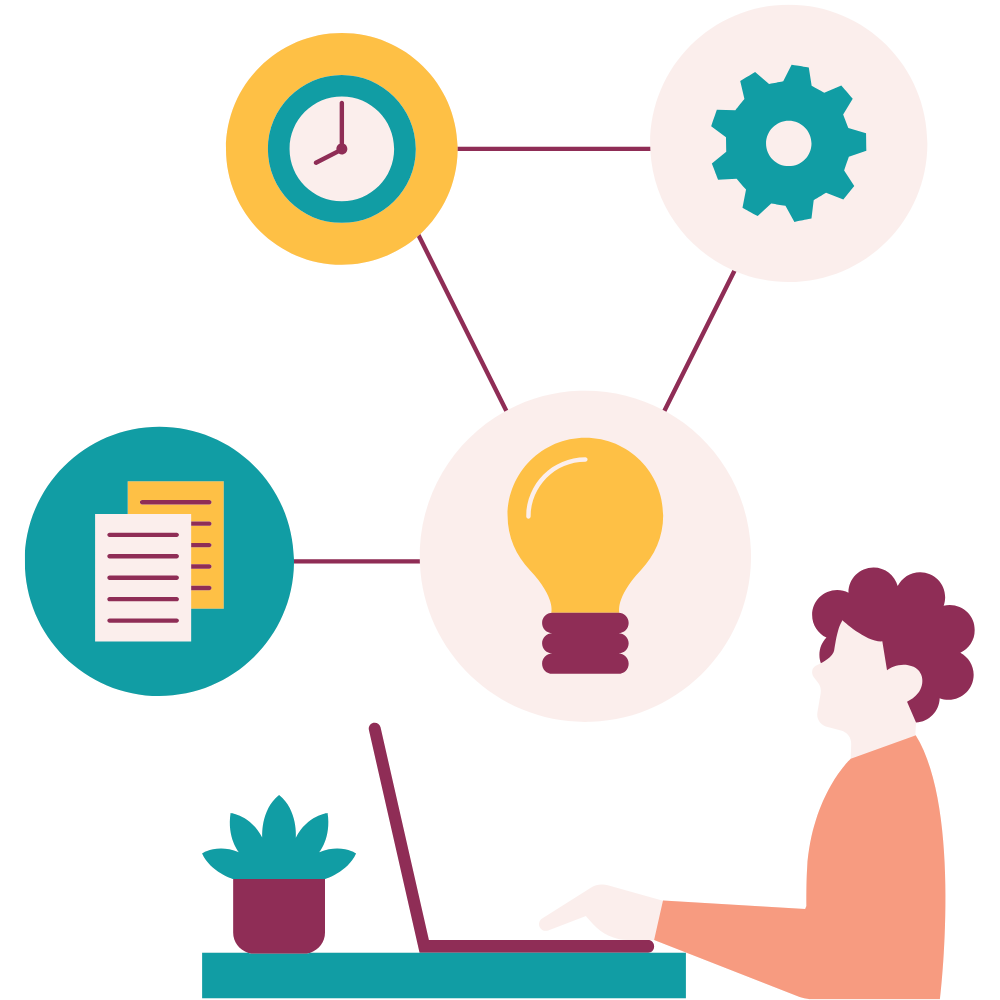 illustration stylisée et colorée montrant l'organisation d'une personne qui travaille assise à son bureau devnat un ordinateur portable - picto santé individuelle