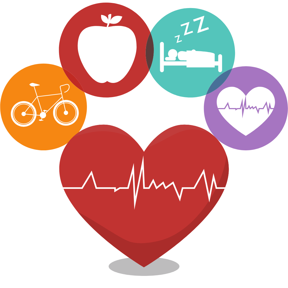 pictogramme représentant l'idée de santé en évoquant l'activité physique, la nutrition, la santé cardio-vasculaire, le sommeil